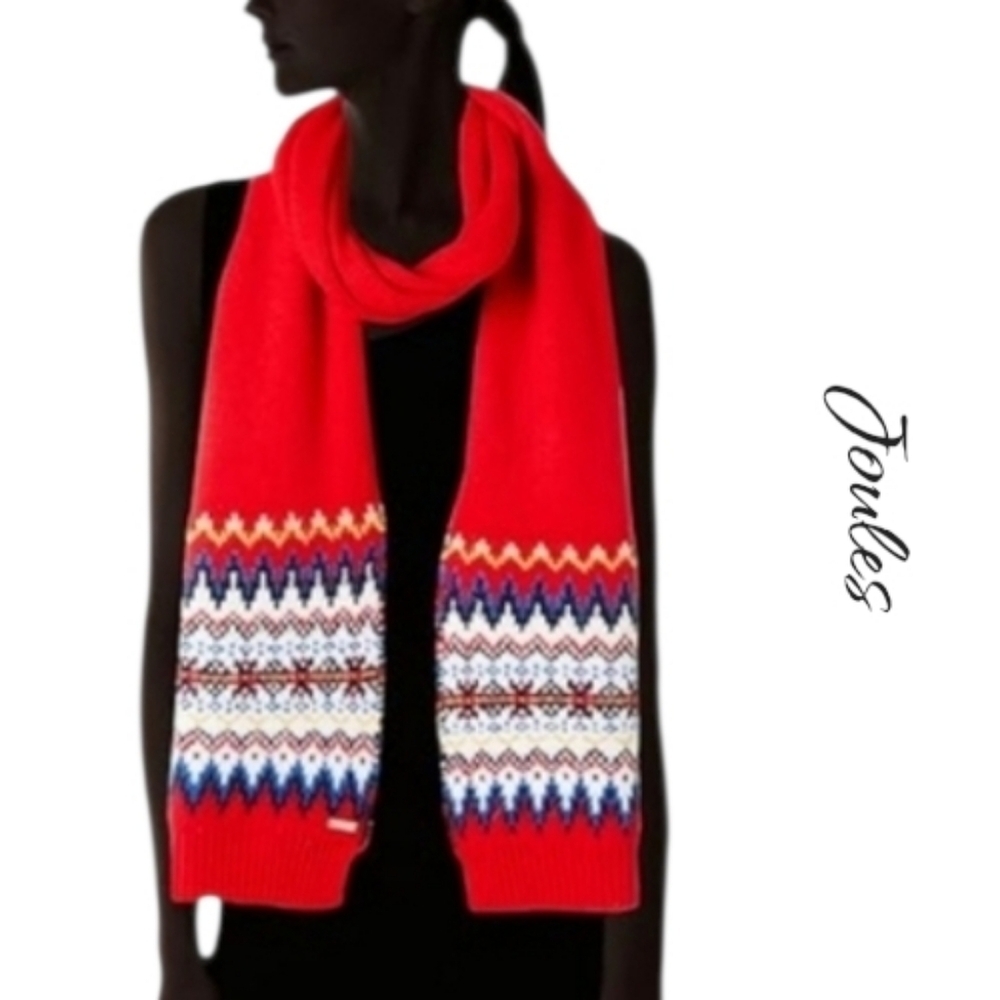 NWT Joules Shetland Fair Isle Knit Wool Blend Scarf Red White Blue